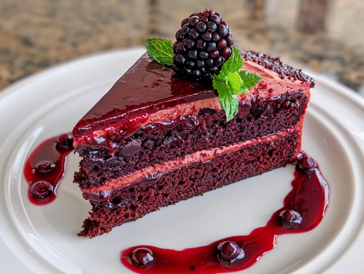 The finished Blackberry Velvet Gothic Cake on display