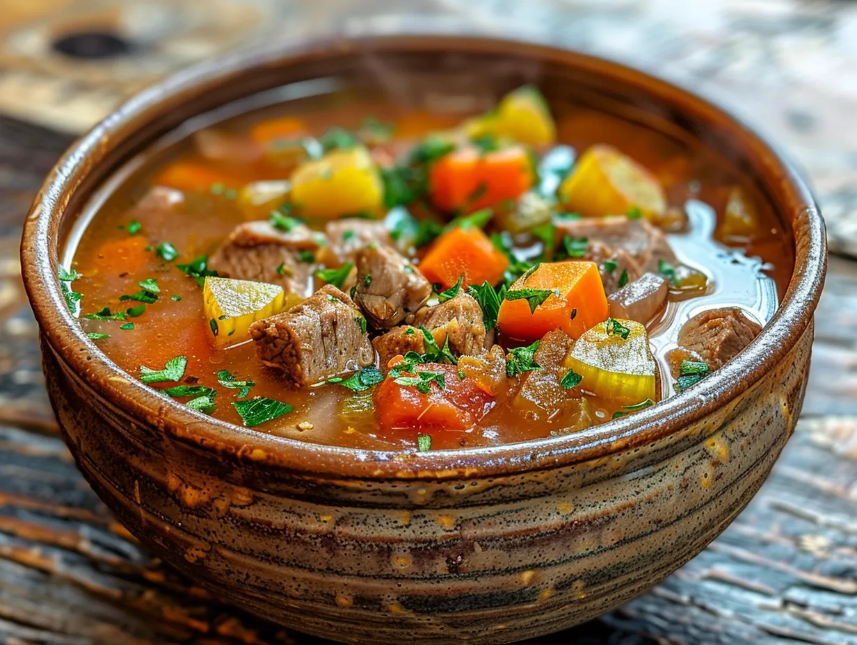 A bowl of warm and inviting roasted vegetable soup, garnished with fresh herbs.