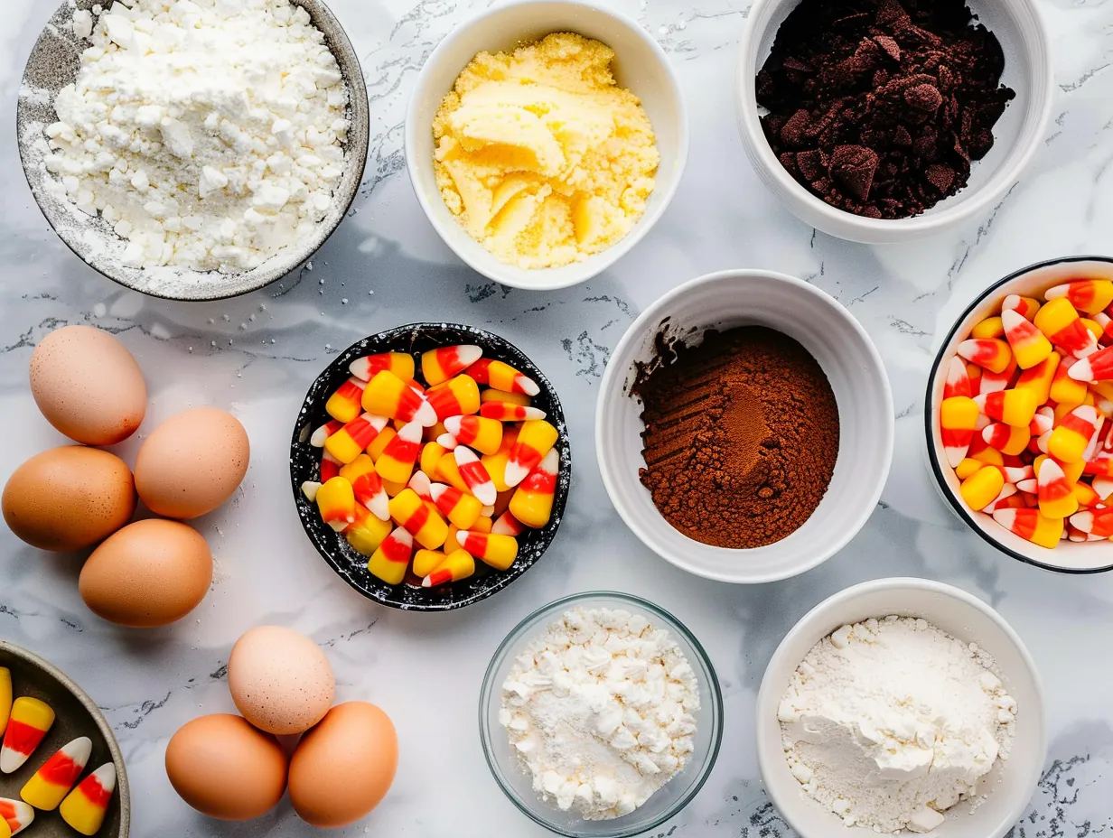 All the ingredients you need to make a delicious Candy Corn Poke Cake