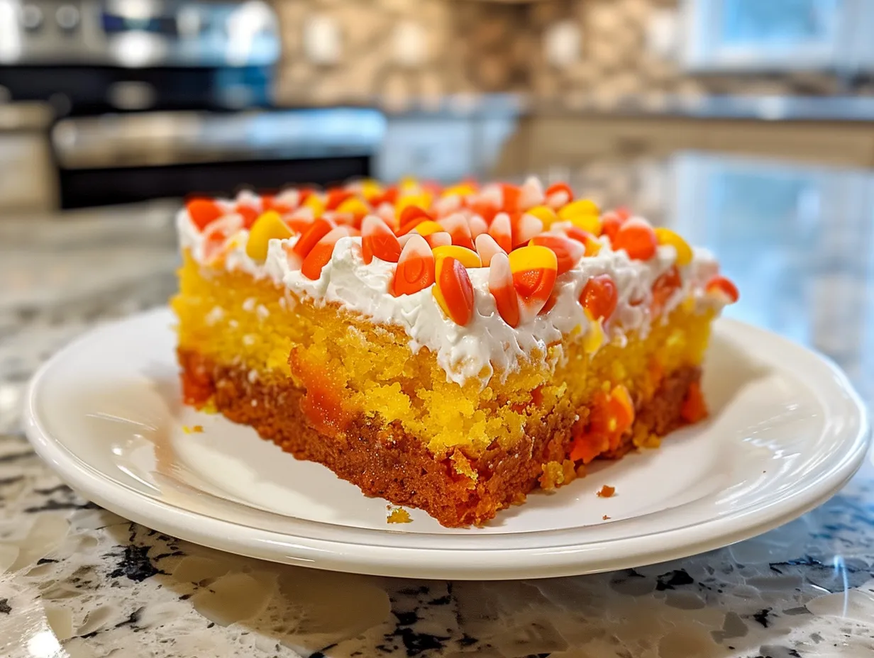 A delicious, finished Candy Corn Poke Cake ready to be served