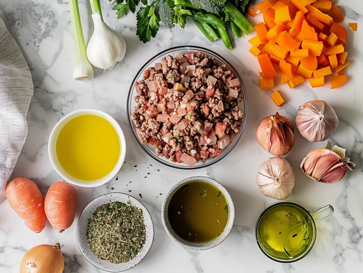 Fresh ingredients arranged for making loaded hamburger soup