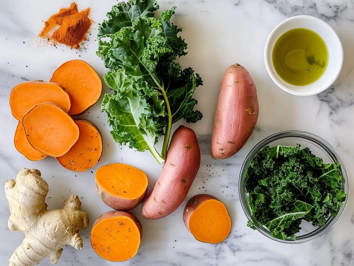 Fresh ingredients including sausage, sweet potatoes, kale, and spices for sausage sweet potato kale soup