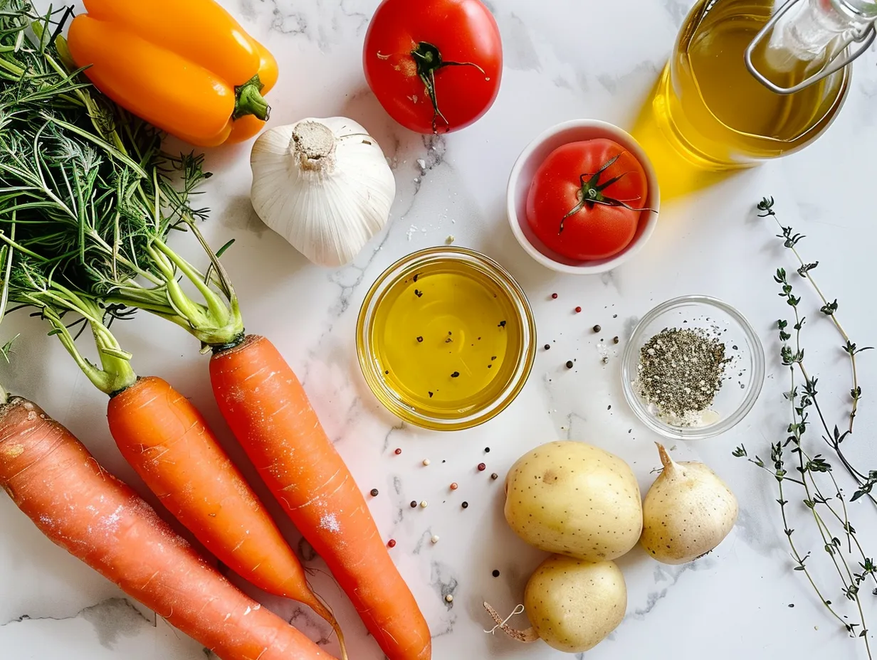 Fresh vegetables ready for roasting, including onions, carrots, celery, and bell peppers.