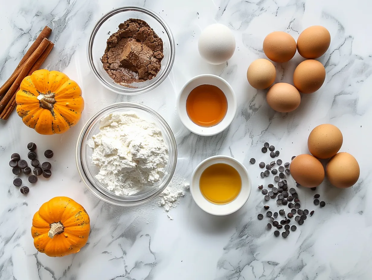 Ingredients for making a Halloween Cookie Cake, including butter, sugar, eggs, flour, chocolate chips, and sprinkles.