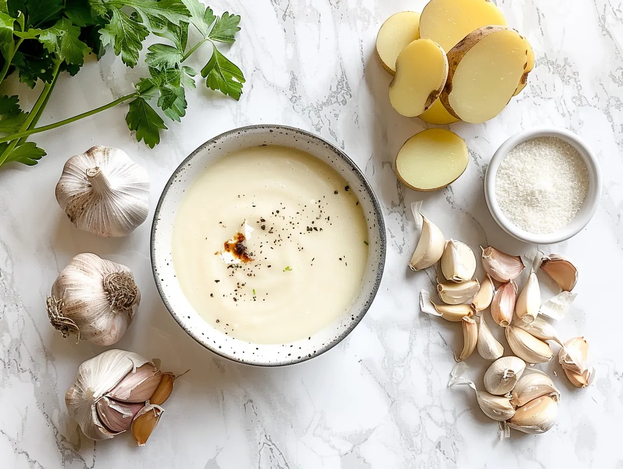 Ingredients for making Roasted Garlic Potato Soup including potatoes, garlic, leeks, and herbs