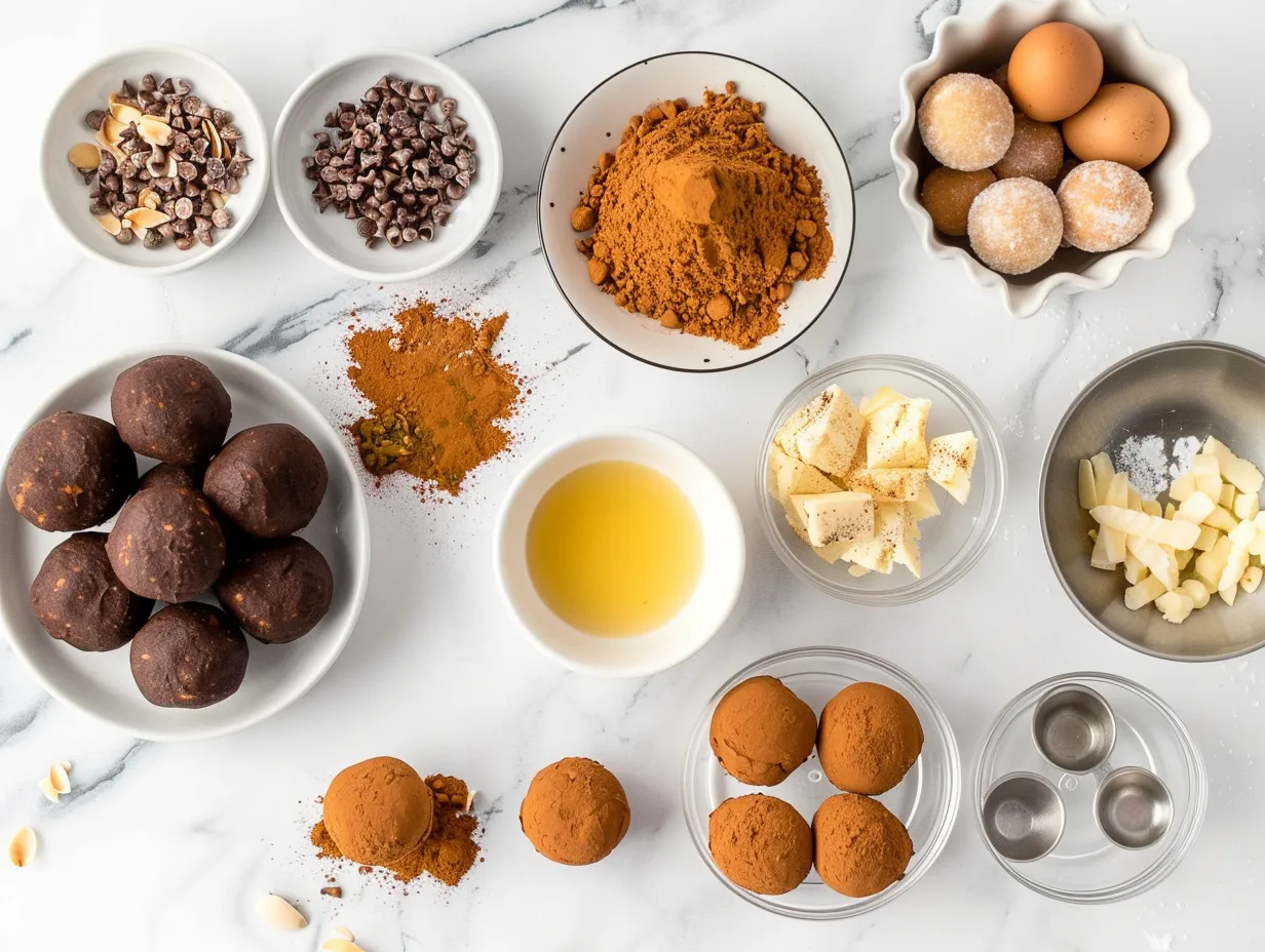 Ingredients for making Pumpkin Cheesecake Truffles including cream cheese, pumpkin puree, sugar, spices, and chocolate chips