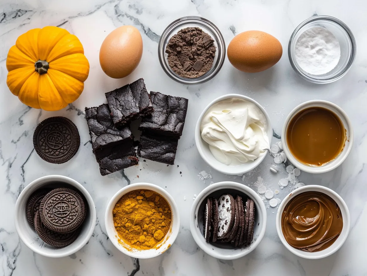 Raw ingredients for Halloween Oreo Brownie Bars including butter, sugar, flour, eggs, cocoa powder, and Halloween Oreos