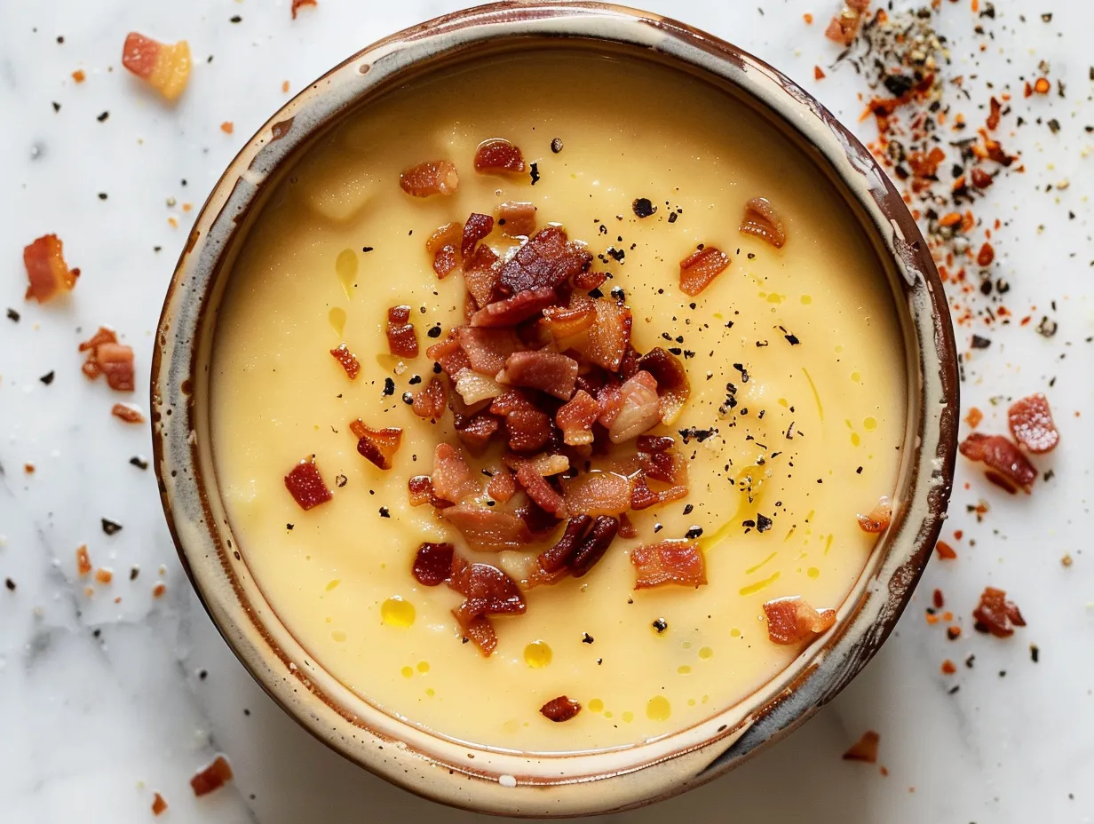 A photo of the raw ingredients needed to make Potato Soup with Crispy Bacon Bits, including potatoes, bacon, and spices