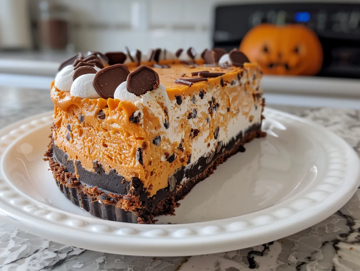 A delicious looking no bake halloween cheesecake topped with Halloween sprinkles