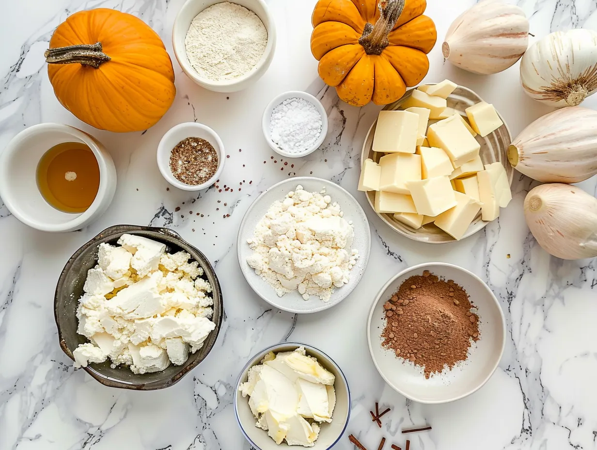 Ingredients for a No Bake Halloween Cheesecake, including graham crackers, cream cheese, and Halloween sprinkles.