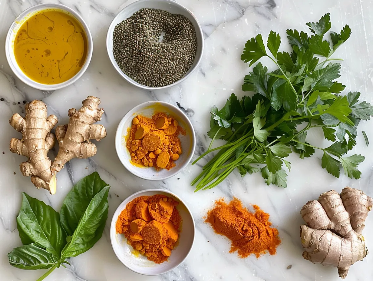 Ingredients for making Turmeric Chicken Soup, including vegetables, chicken, broth, and spices.