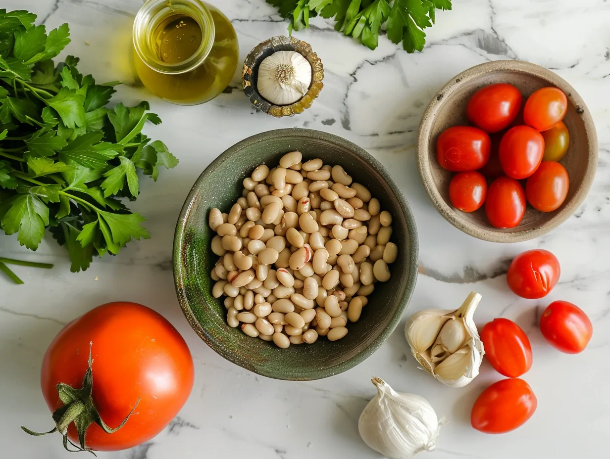 Ingredients for White Bean Soup including cannellini beans, carrots, celery, onion, garlic, and spices