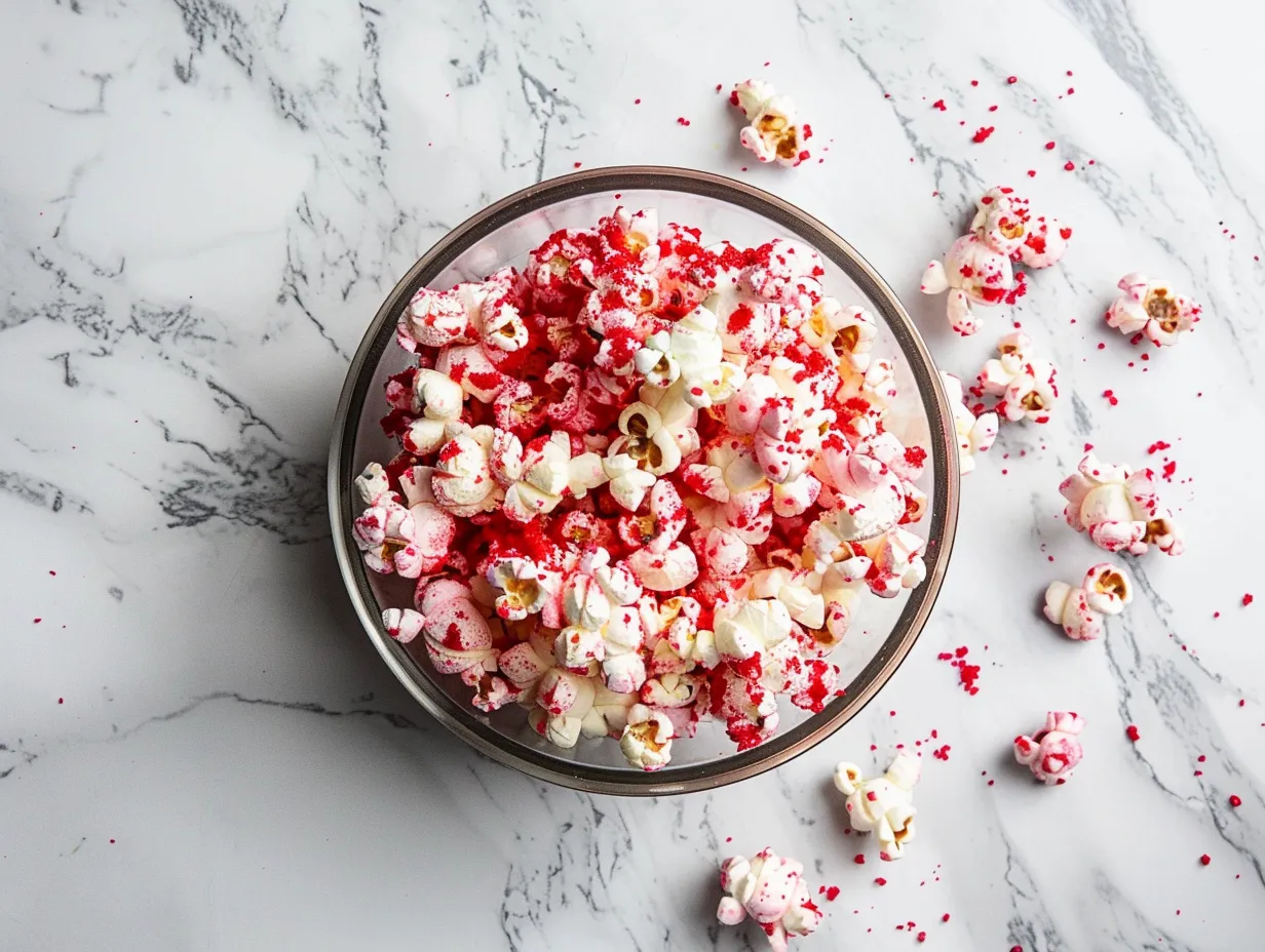 Ingredients for making bloody red velvet popcorn including popcorn, sugar, butter, milk, cocoa powder, vanilla, vinegar, salt, and red food coloring.