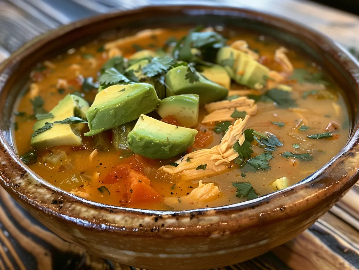 Bowl of Southwest Chicken Soup with Avocado