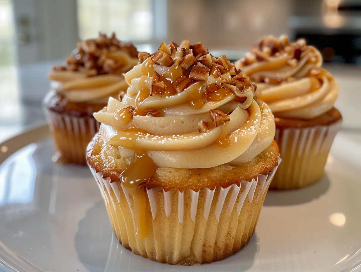 A display of Caramel Apple Cupcakes Recipe with caramel frosting and apple slices on top.