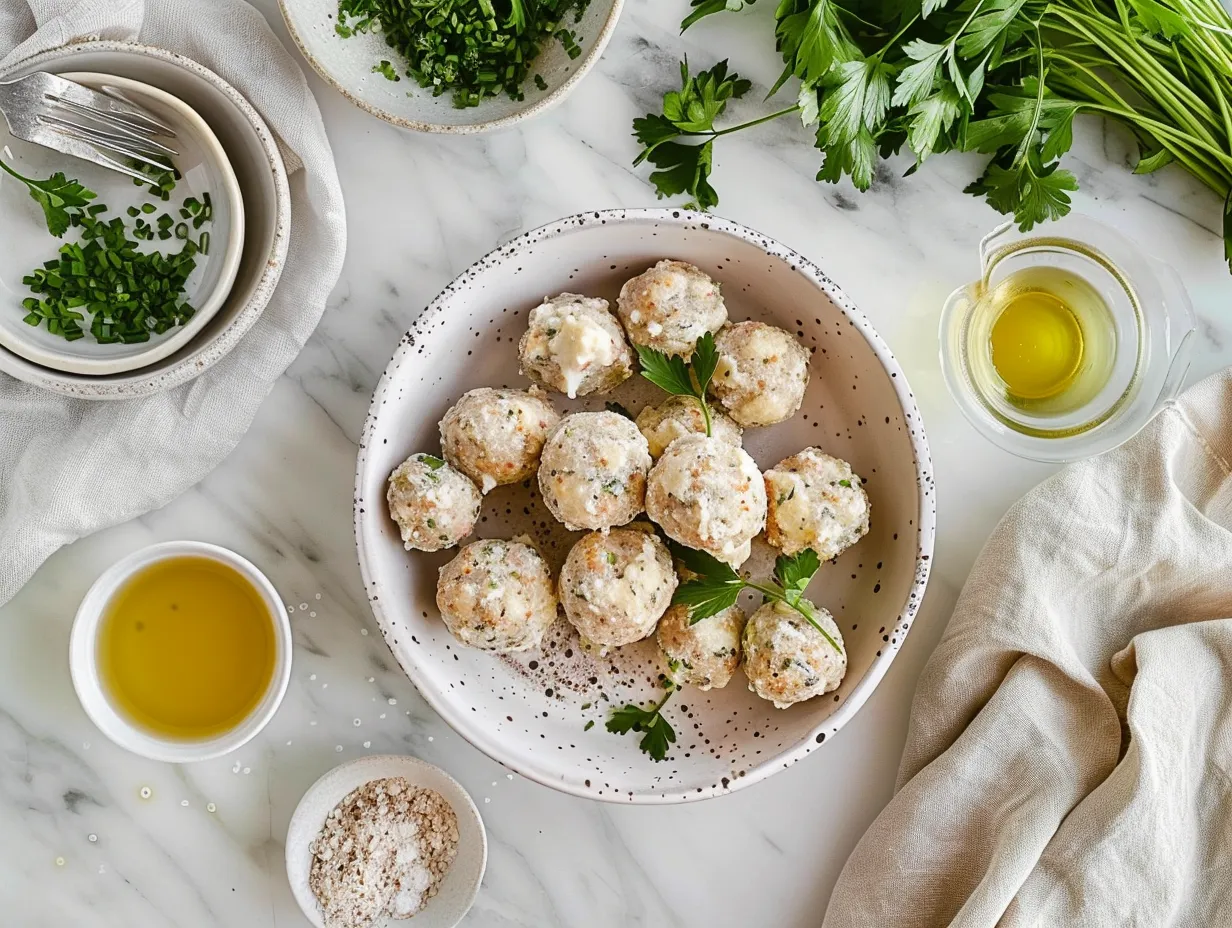 Ingredients for Cheddar Bay Biscuit Sausage Balls: sausage, cheddar bay biscuit mix, cheese, milk, butter, garlic powder, and parsley.