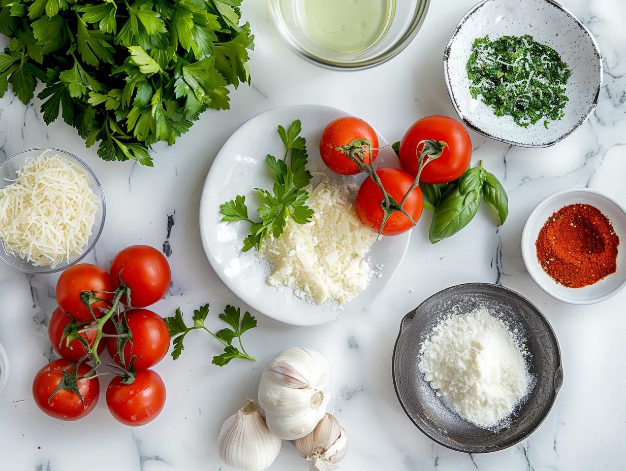 Ingredients for Chicken Parmesan Soup including chicken, vegetables, cheese, and spices.