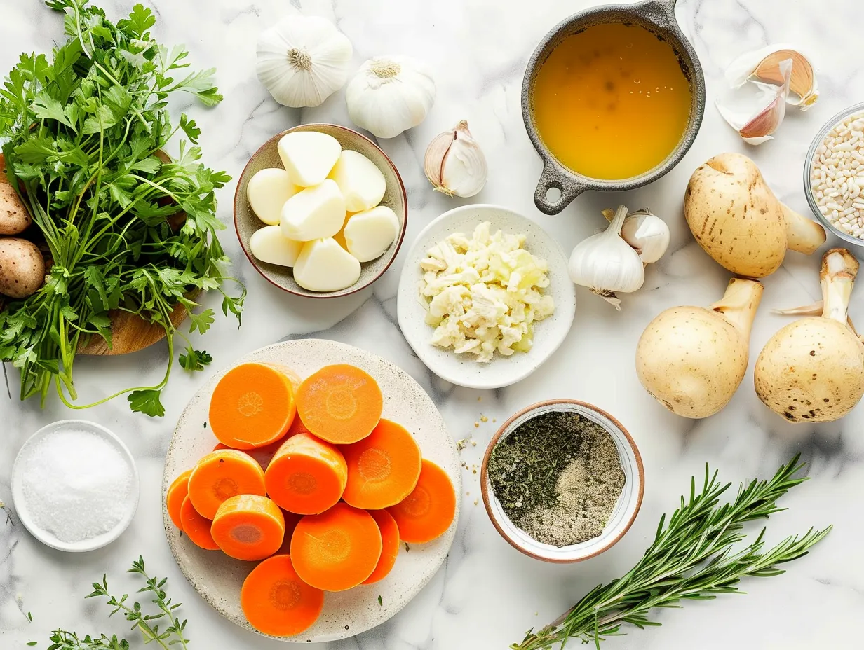 Chicken Pot Pie Soup ingredients laid out on a wooden surface