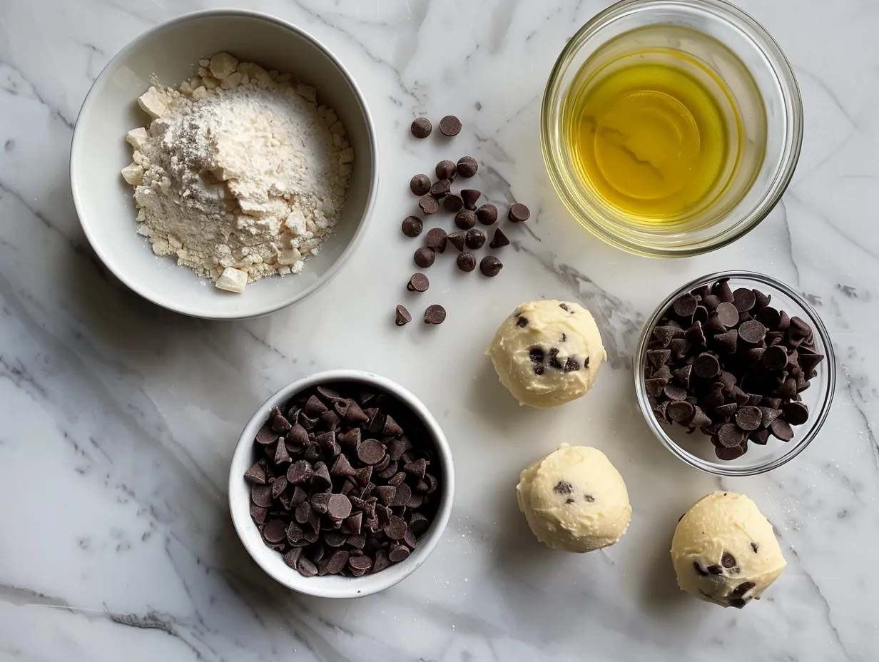 All ingredients for chocolate chip cheesecake ball are laid out on a marble counter.