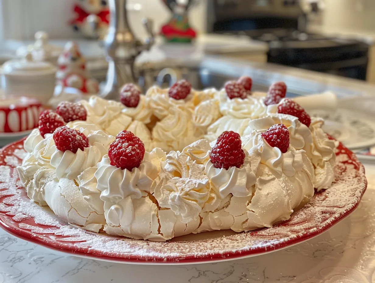 Pavlova Christmas Wreath Cake ready to serve with berries and mint
