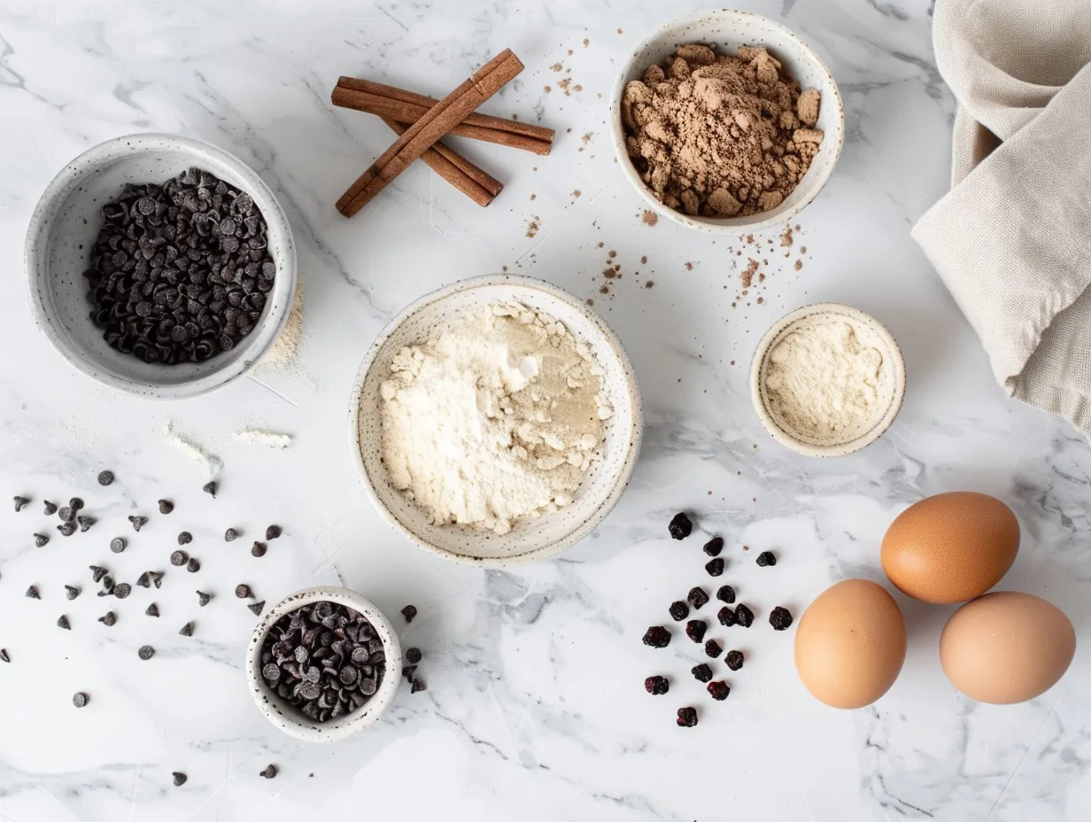 Ingredients for cinnamon roll protein crepes including flour, protein powder, and cinnamon