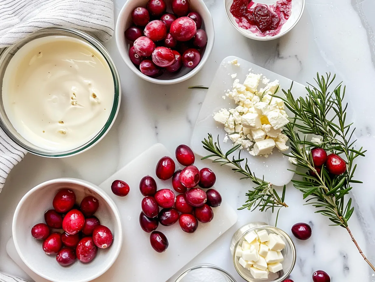 Ingredients for making cranberry brie bites including puff pastry, brie cheese, cranberry sauce, walnuts, honey and egg