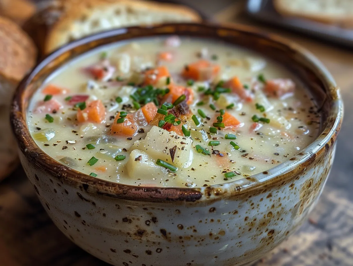 Creamy Reuben Soup on a Wooden Table