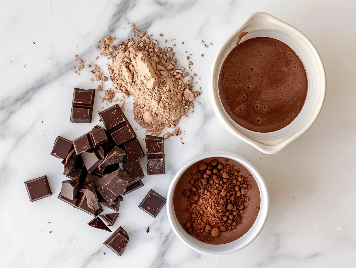 Ingredients for Dark Chocolate Hot Chocolate on a marble surface