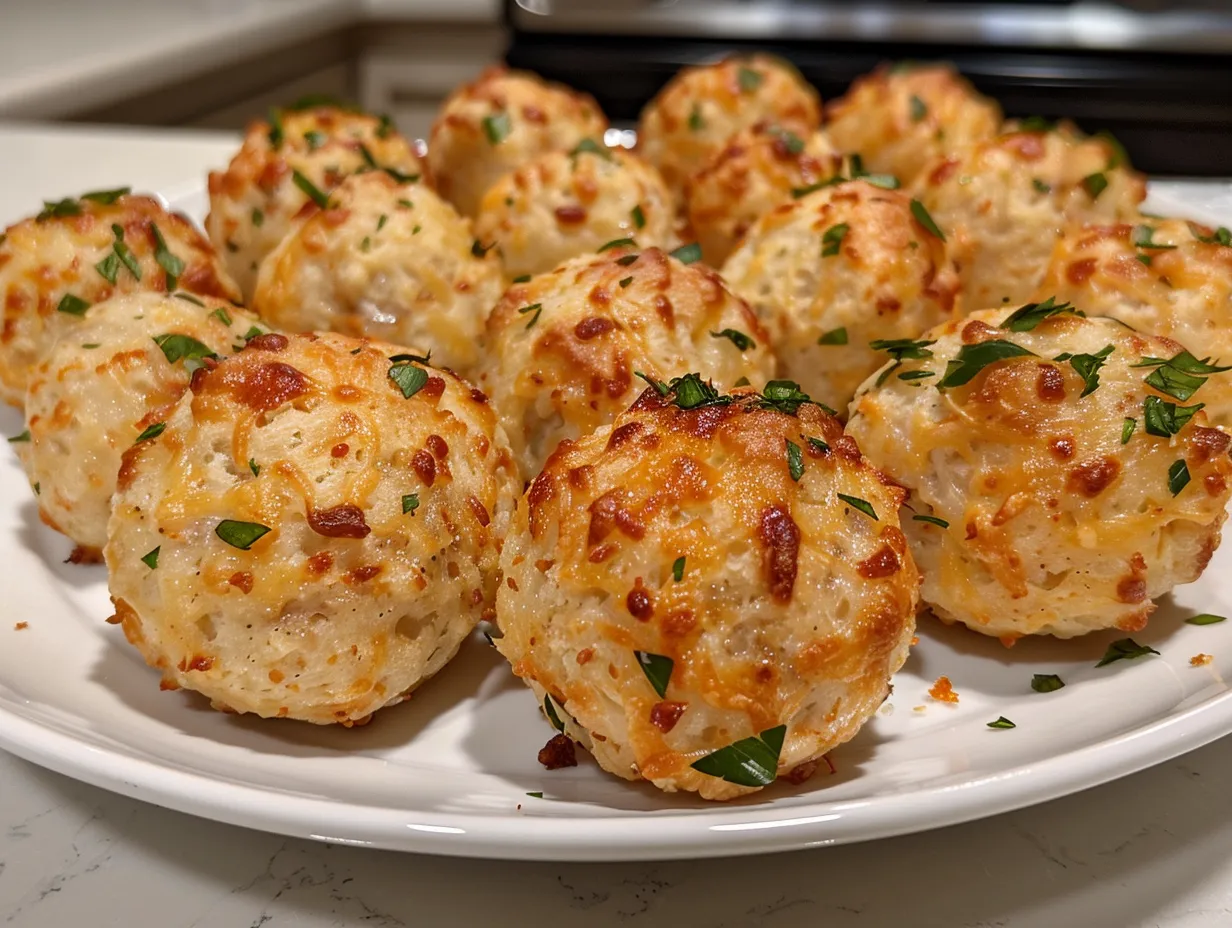 Delicious Cheddar Bay Biscuit Sausage Balls served on a plate.