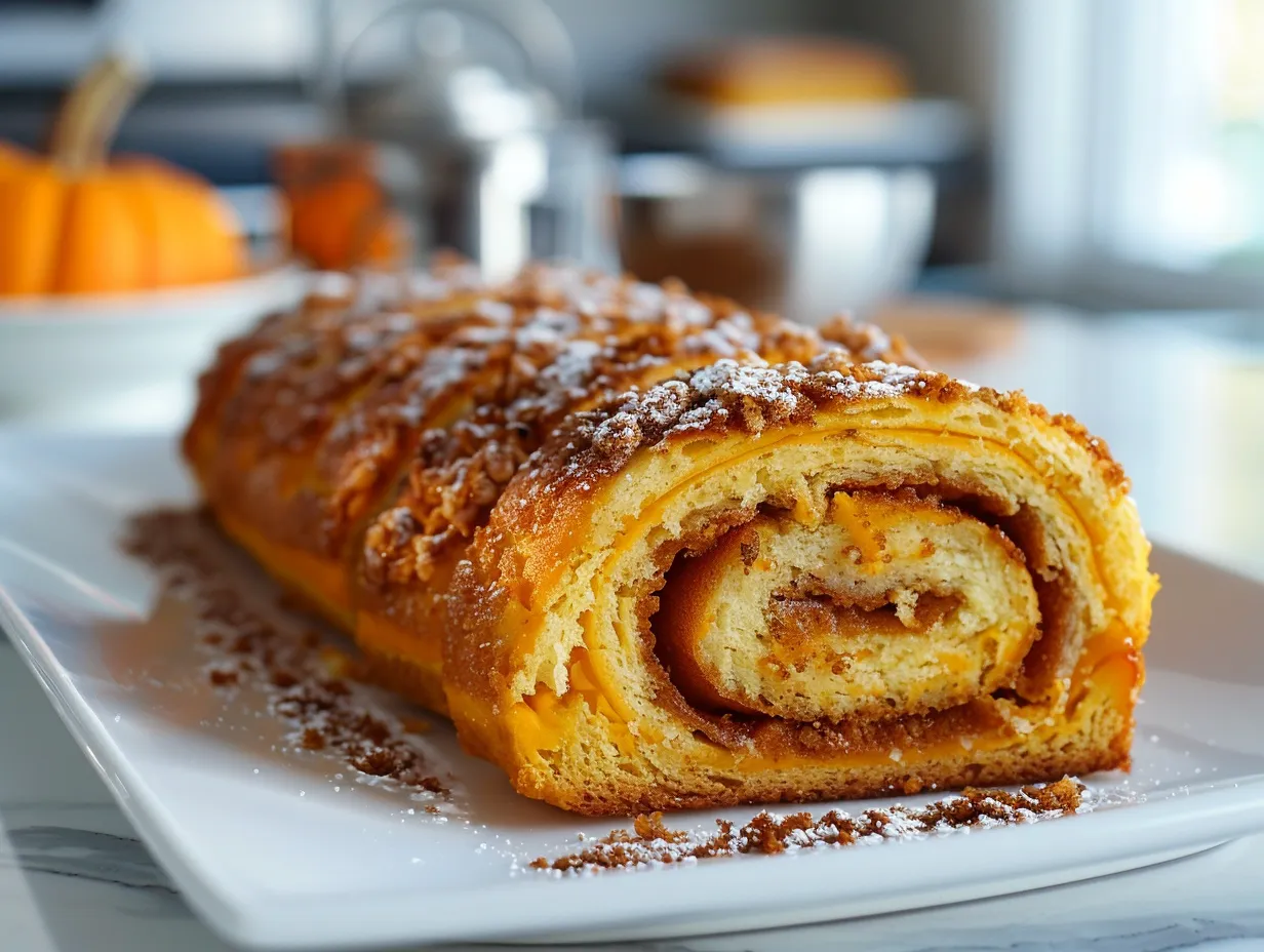 A beautifully sliced Pumpkin Roll with a creamy cheese filling, dusted with powdered sugar