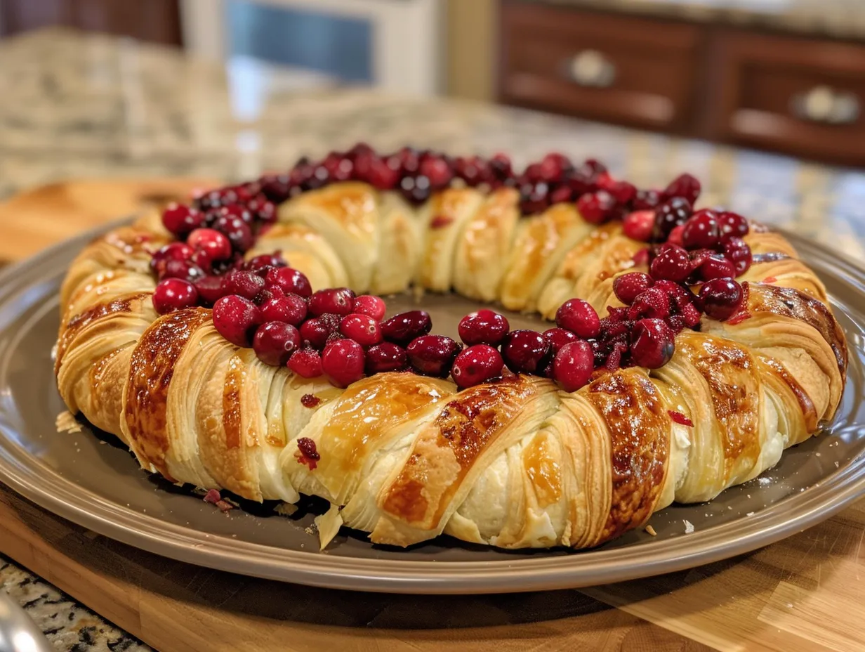 Festive cranberry brie crescent wreath on a platter.
