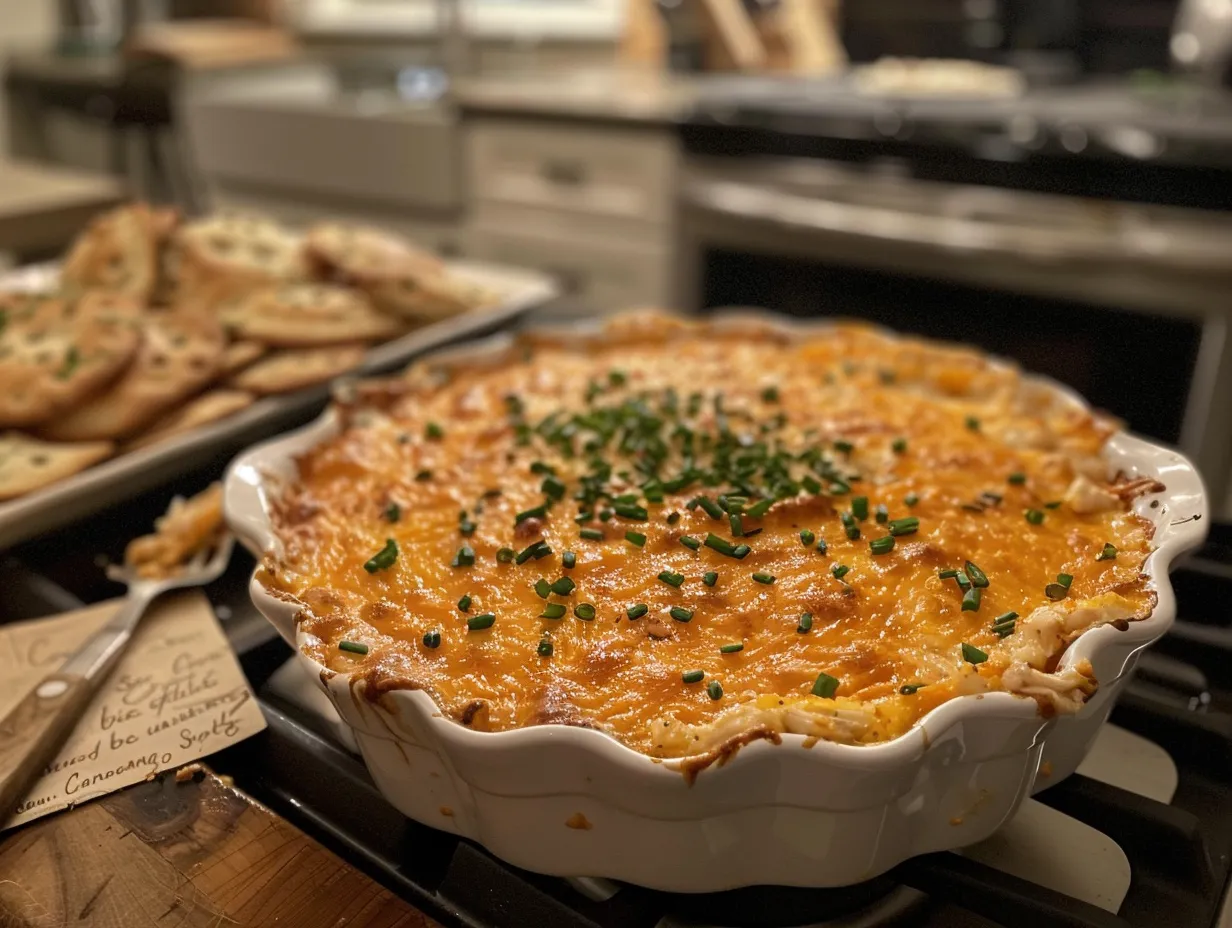 Finished Spicy Buffalo Chicken Dip, bubbly and ready to serve with dippers