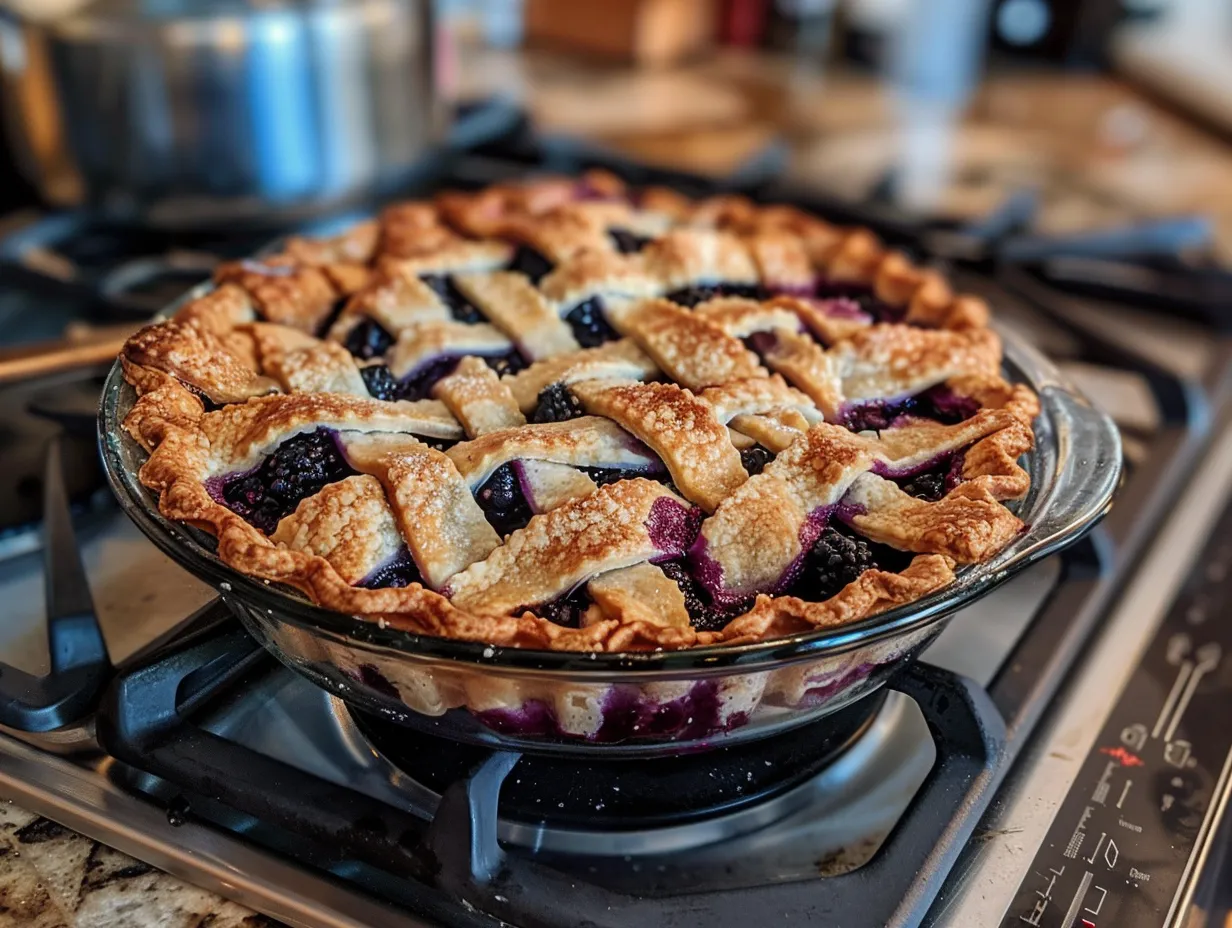A finished blueberry pie sits on a stove top, with a handwritten note nearby.