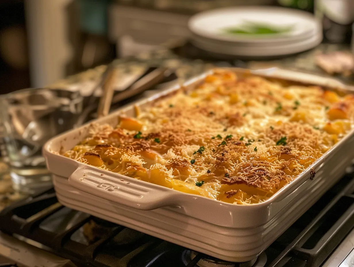 Finished Southern Squash Casserole, golden brown and bubbly, ready to be served.