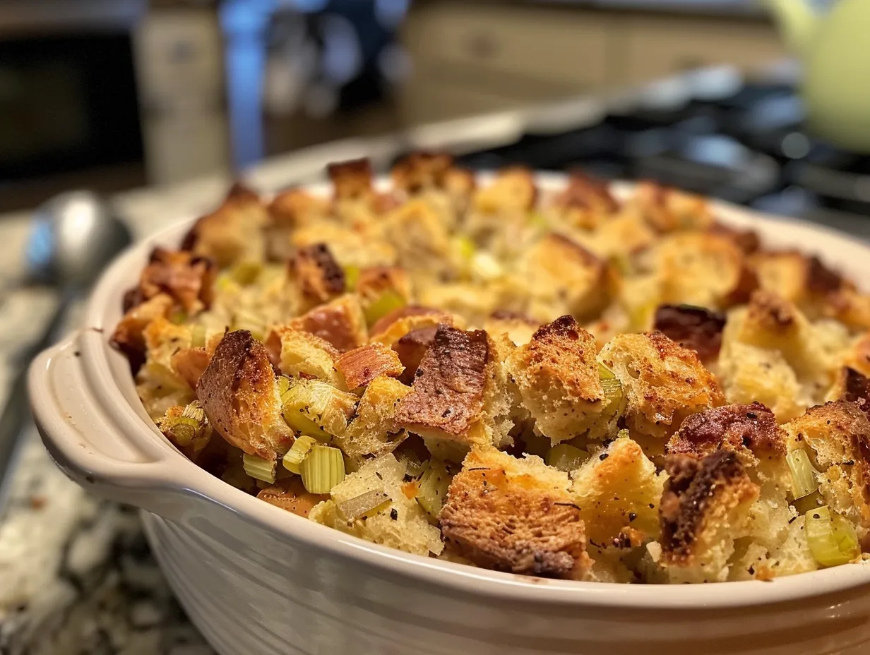 Finished turkey crockpot stuffing in a slow cooker, ready to serve.