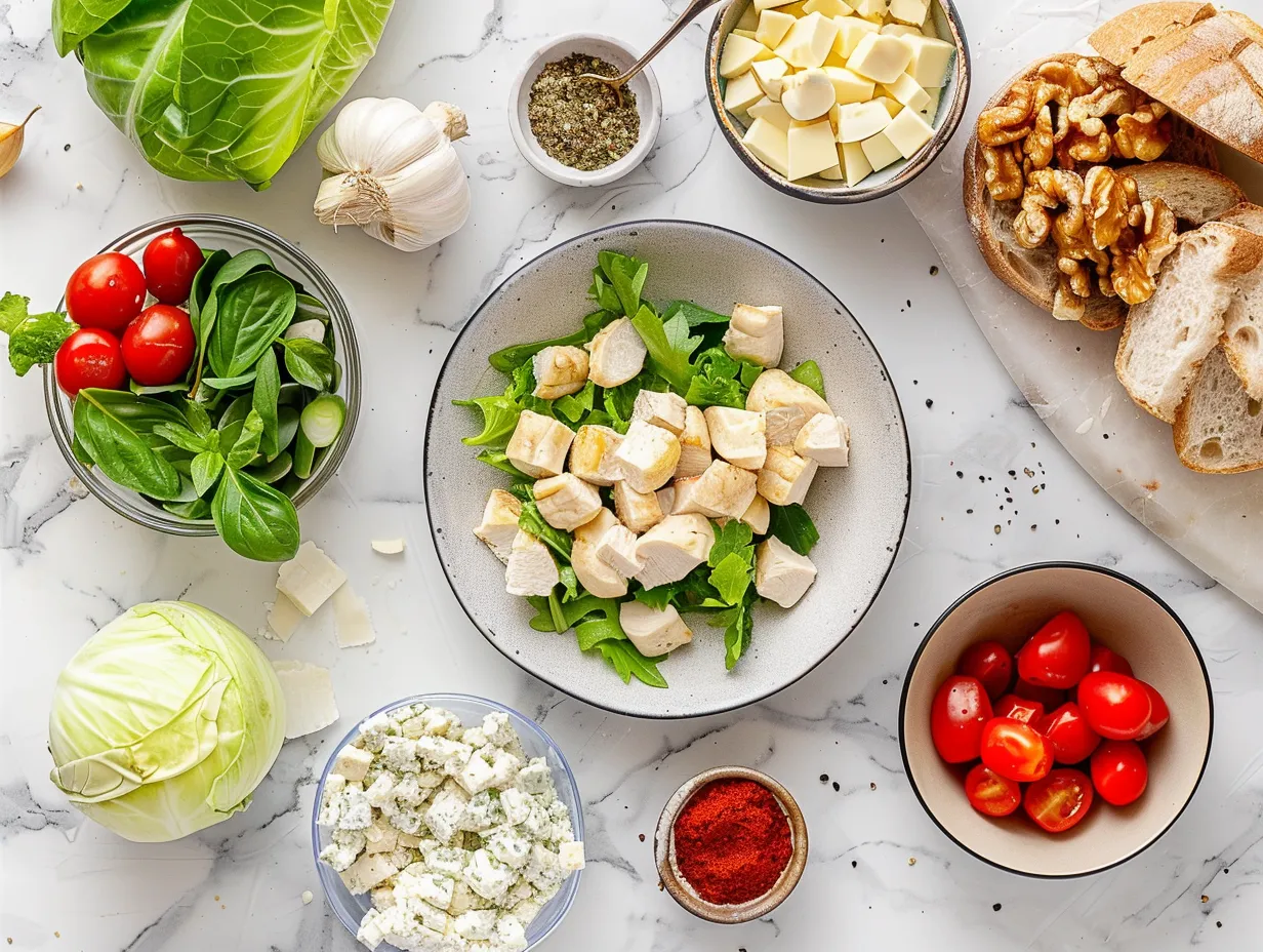 Fresh ingredients laid out for making a Crispy Chicken Caesar Sandwich, including chicken breasts, lettuce, and Caesar dressing