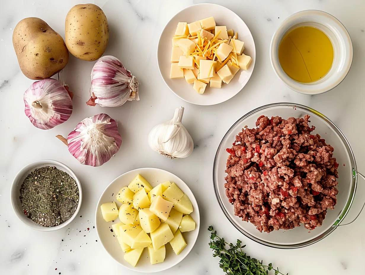 Fresh ingredients including ground beef, potatoes, carrots, onion, garlic, cheese, and spices for Cheesy Hamburger Potato Soup.