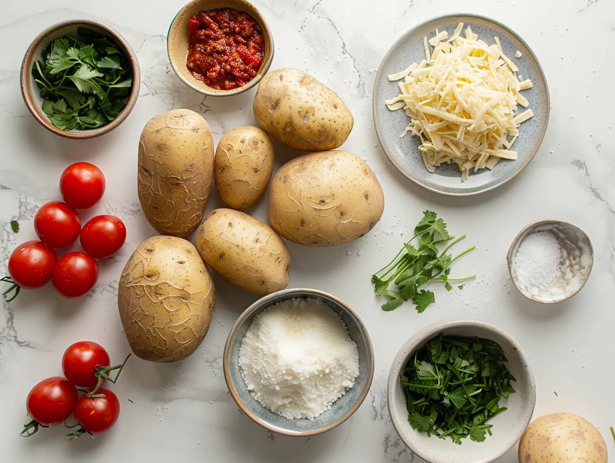Fresh ingredients like potatoes, chili, cheese, and sour cream for Easy Chili Cheese Loaded Potatoes Recipe