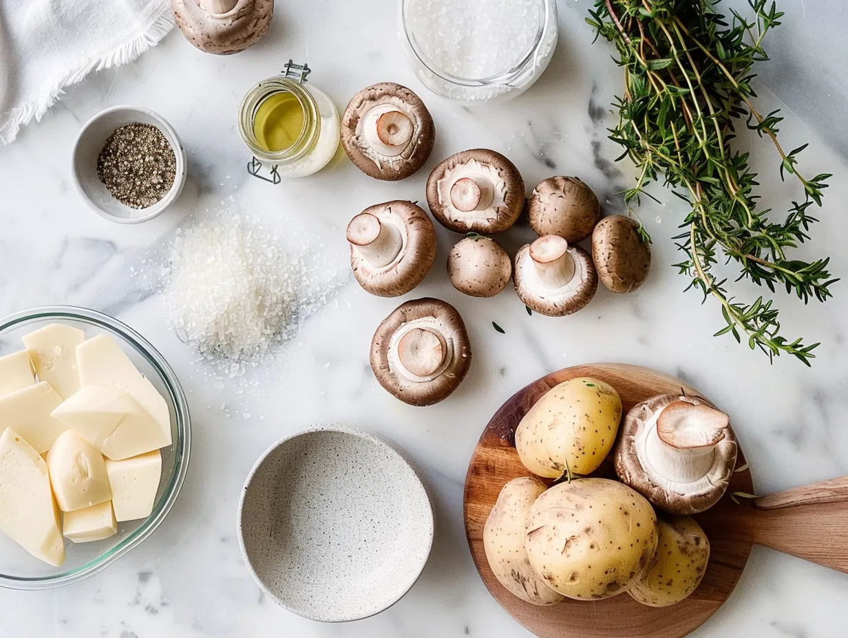 Fresh ingredients including potatoes, mushrooms, and herbs for making delicious Mushroom Stuffed Potato Cakes