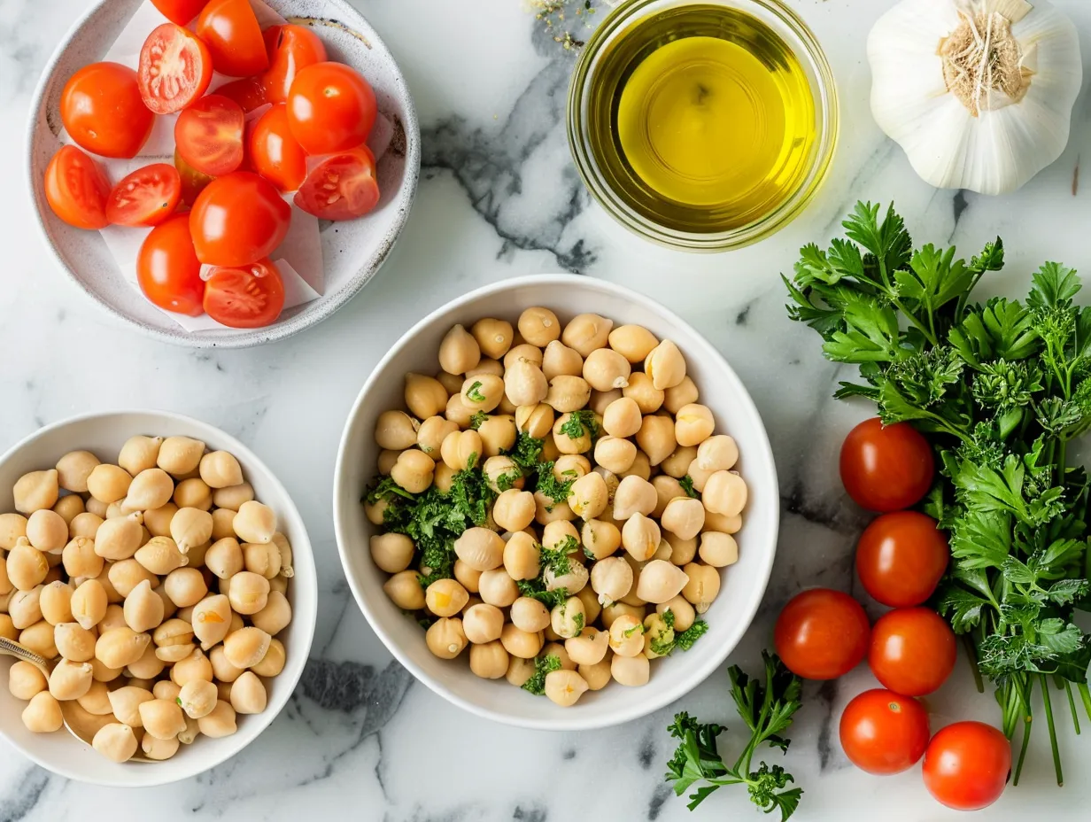 Fresh ingredients for making Tuscan Chickpea Soup, including onions, carrots, celery, garlic, and herbs.