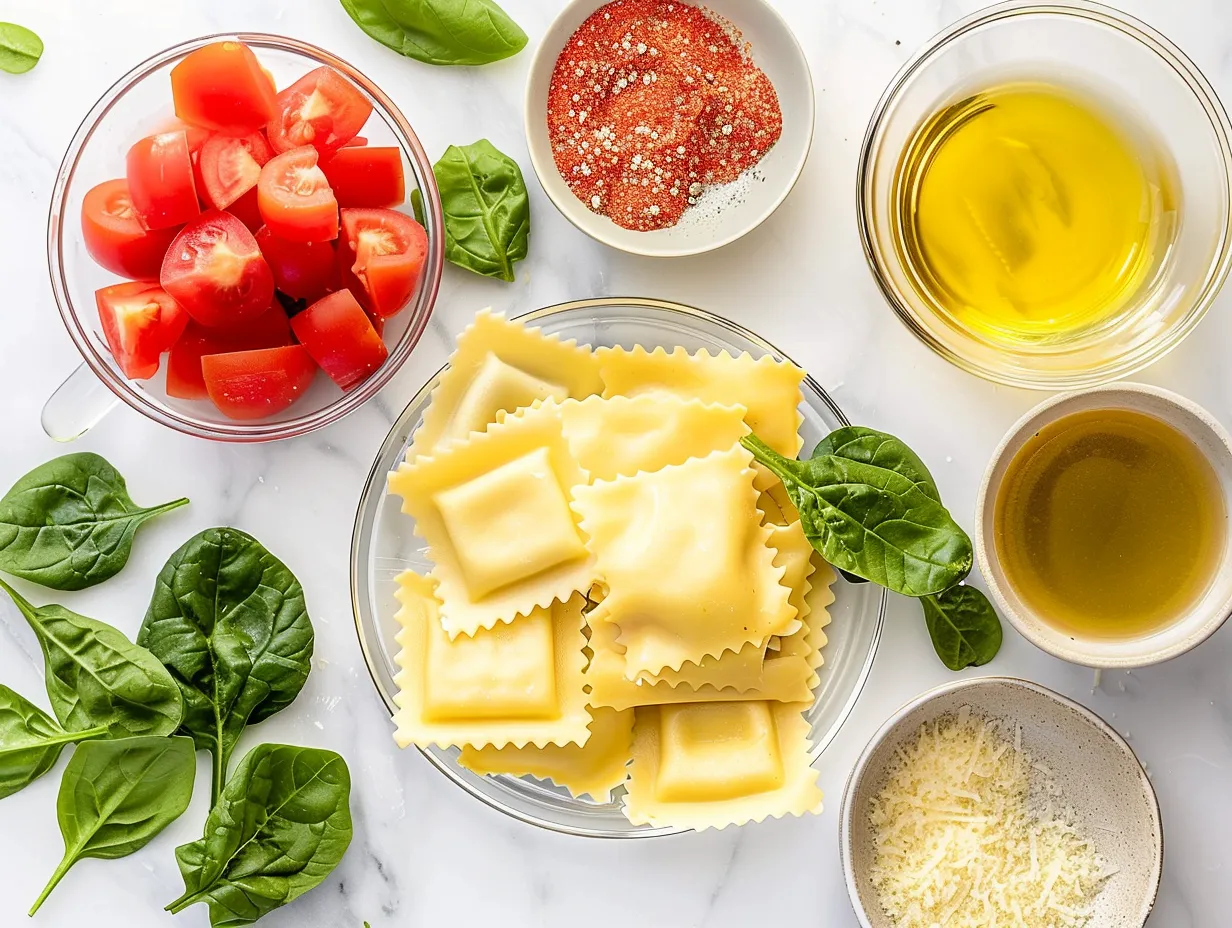 Fresh ingredients for homemade Ravioli Soup, including ravioli, vegetables, and herbs.