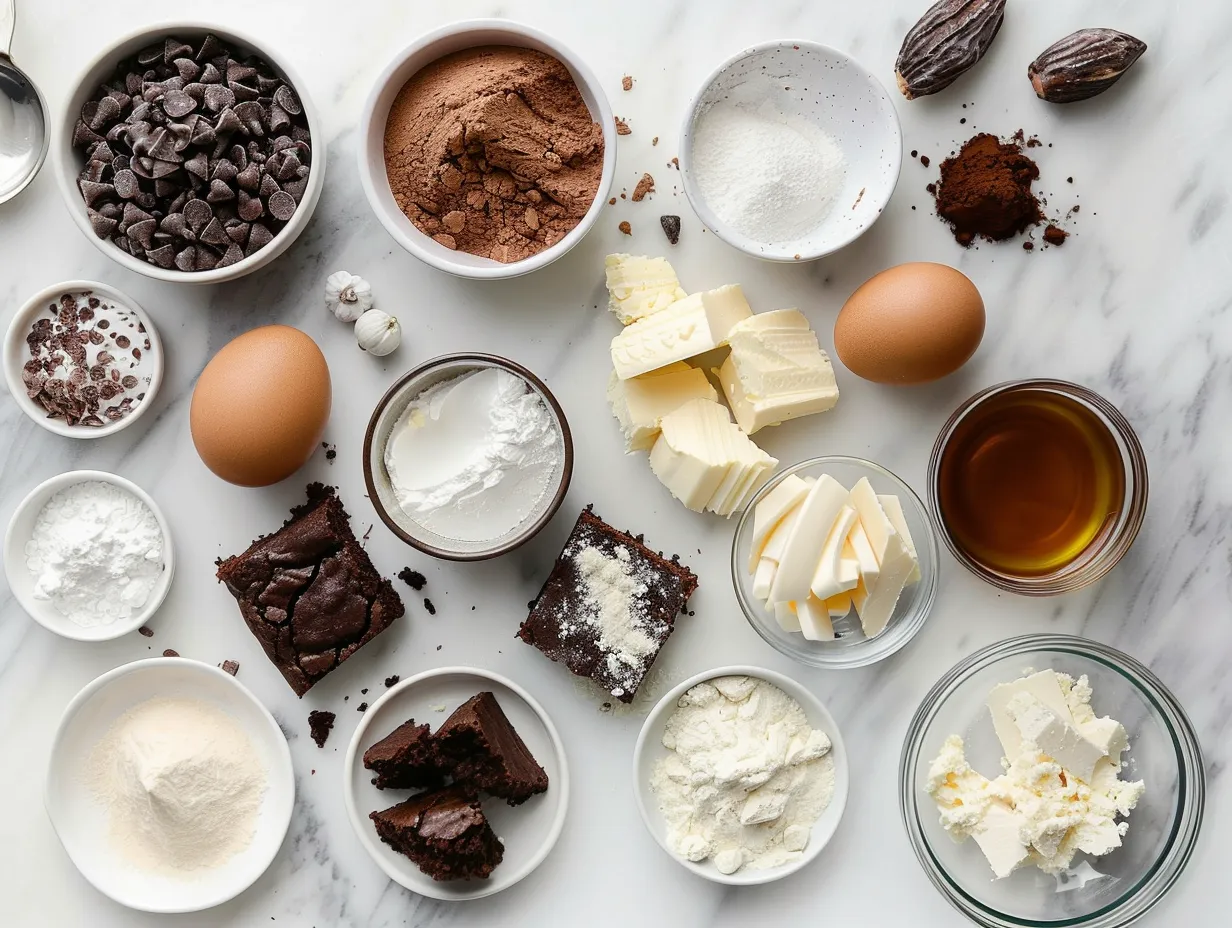 Ingredients for Loaded Cream Cheese Halloween Brownies including butter, sugar, cocoa powder, eggs, vanilla, flour, baking powder, salt, cream cheese, and Halloween sprinkles.