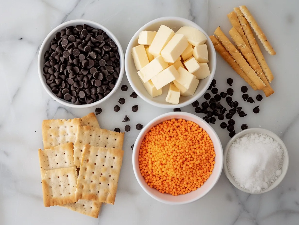 Ingredients for making Halloween Crack including saltine crackers, butter, brown sugar, chocolate chips, and sprinkles