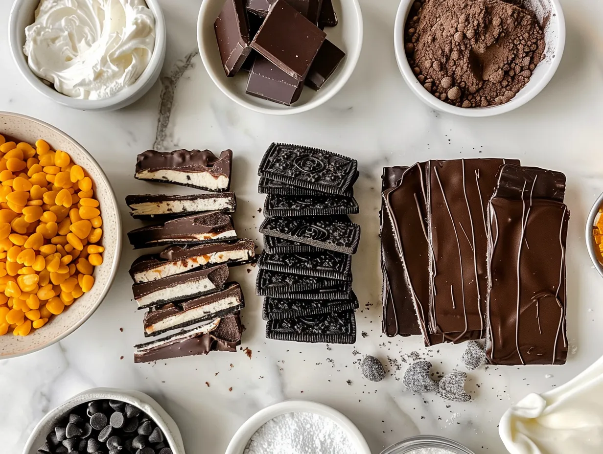 Ingredients for making Halloween Oreo Bark including dark chocolate chips, Halloween Oreos, sprinkles, nuts, and dried cranberries
