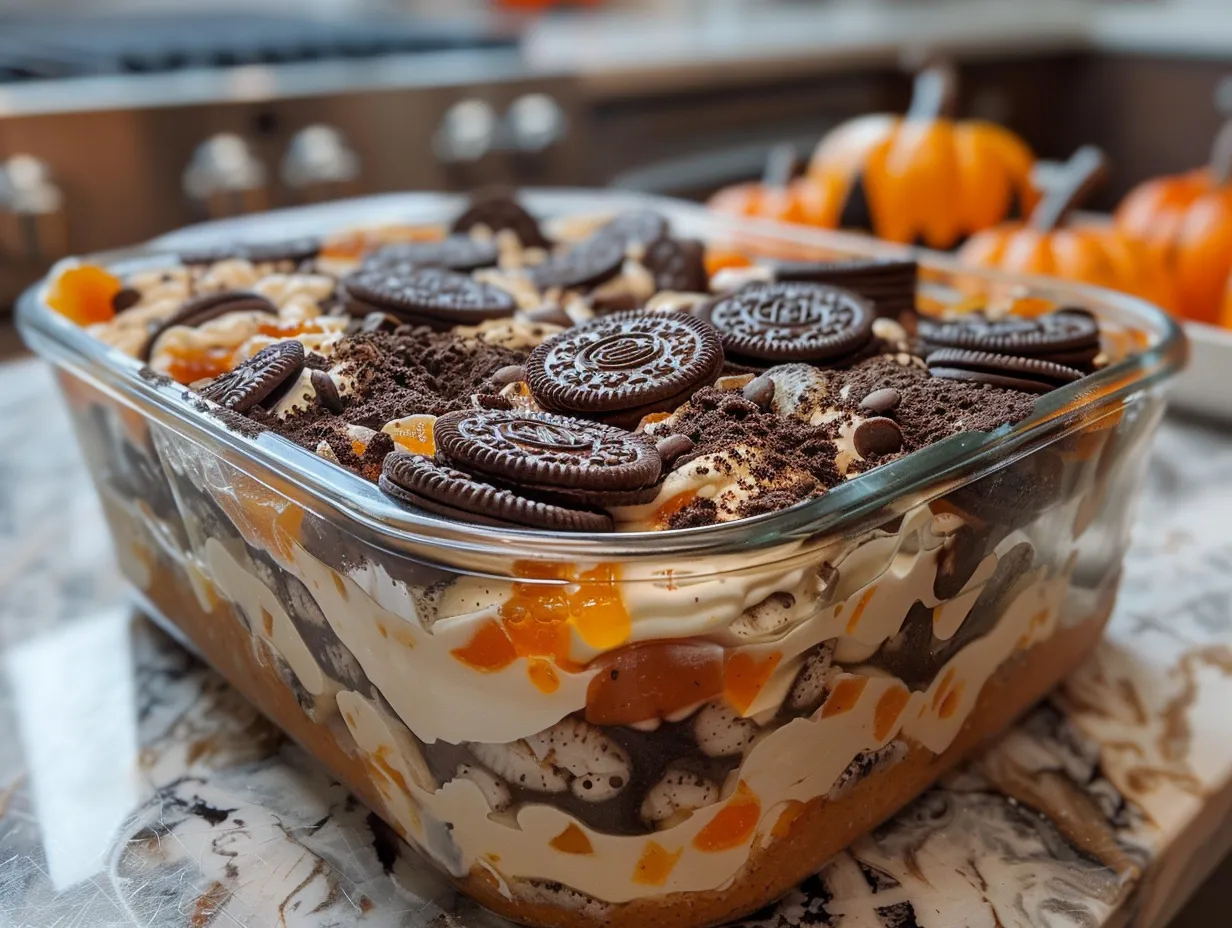 Overhead shot of finished Halloween Oreo Dirt Cake