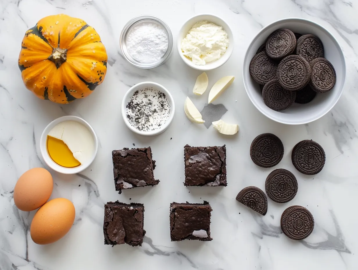 Ingredients for Halloween Swirl Oreo Cream Cheese Brownies, including brownie mix, Oreos, cream cheese, and eggs