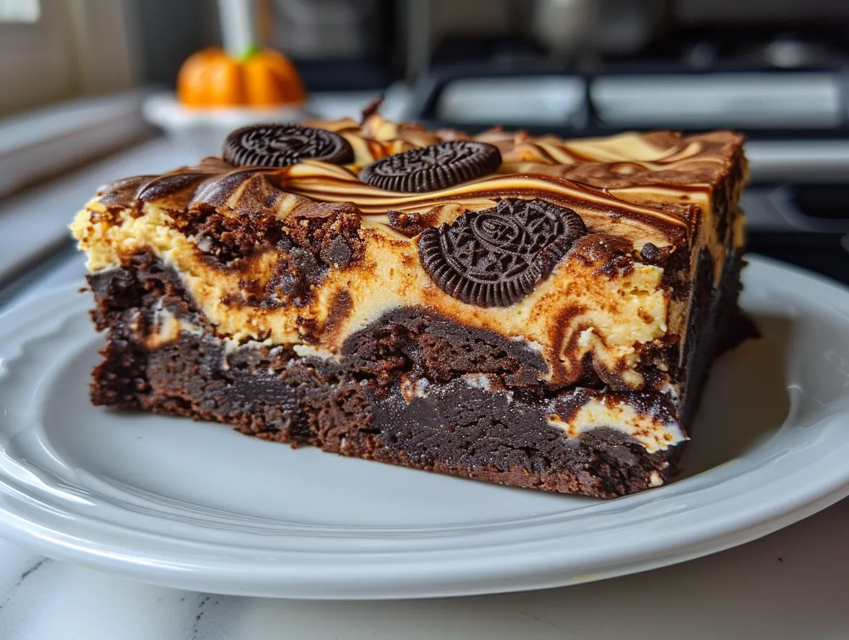 Overview of Halloween Swirl Oreo Cream Cheese Brownies, showing the swirl and Oreo topping.