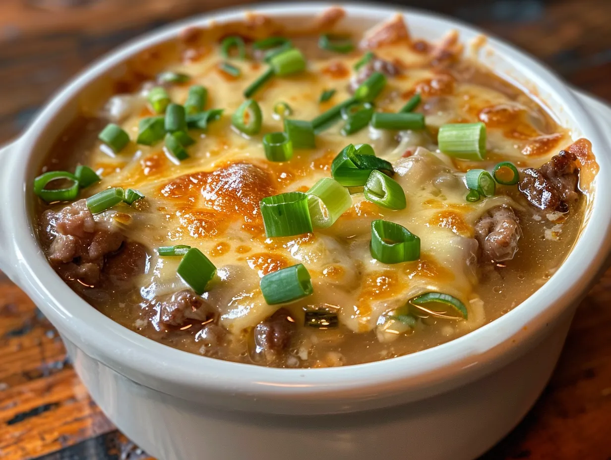 Hearty bowl of Philly Cheesesteak Soup