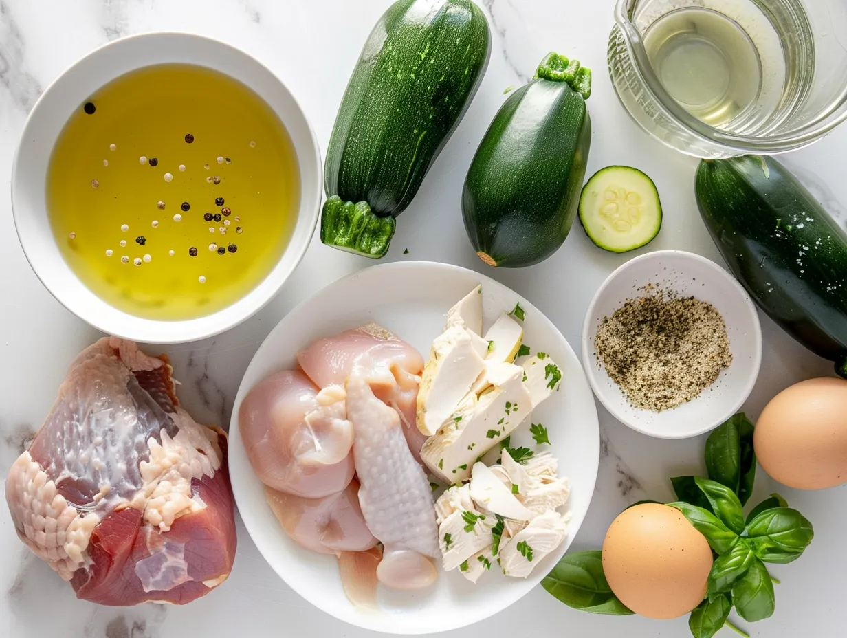 Ingredients for Chicken Zucchini Casserole: Chicken, zucchini, onion, garlic, cream of chicken soup, sour cream, cheddar cheese, parmesan cheese, breadcrumbs, olive oil, salt, and pepper.