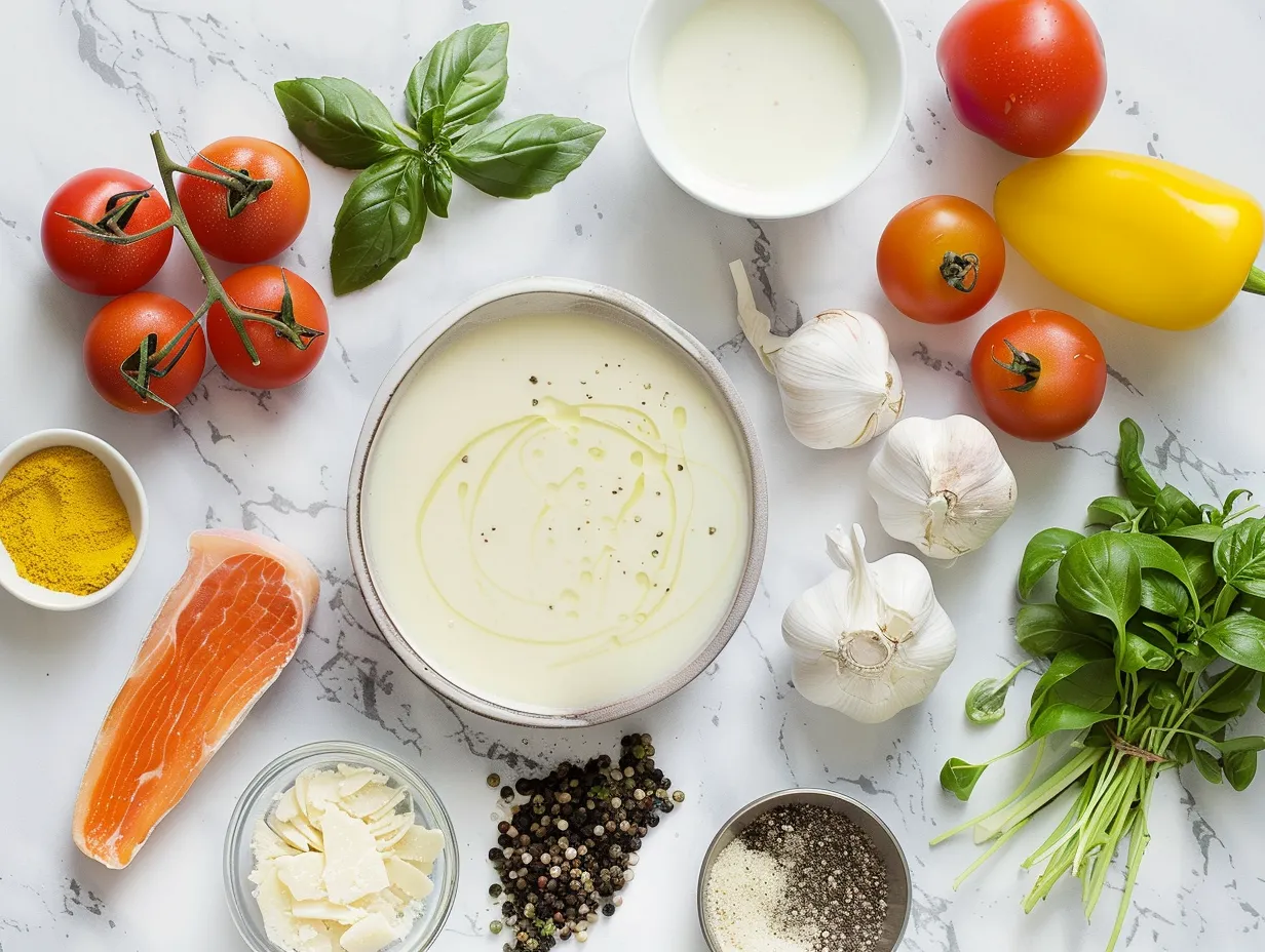 Ingredients for making Creamy Reuben Soup: olive oil, onion, garlic, beef broth, corned beef, sauerkraut, Thousand Island dressing, Swiss cheese, heavy cream, salt, pepper, and rye bread croutons.